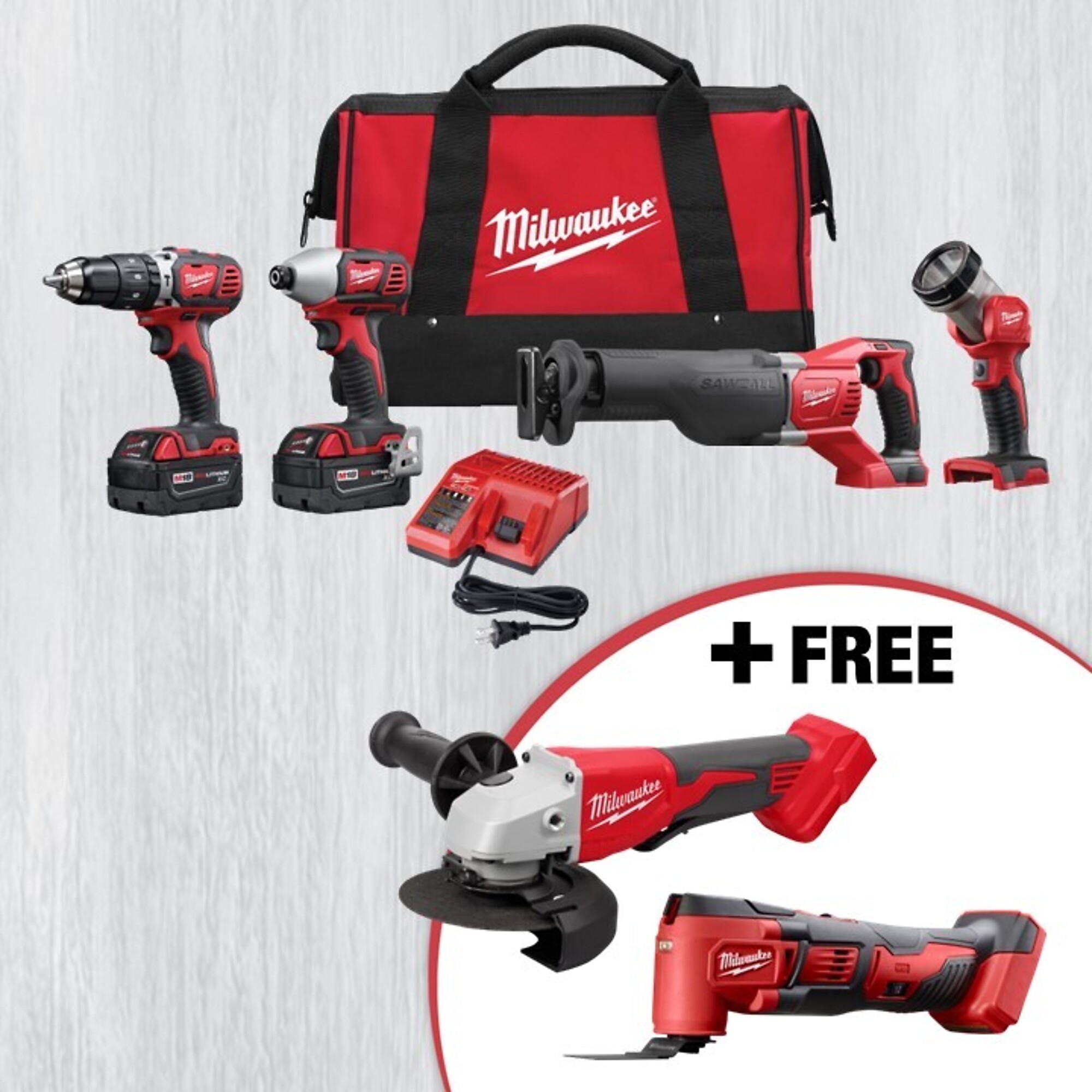 Milwaukee M18 4-Tool Combo Kit with Hammer Drill/Driver, SAWZALL, Impact Driver, Flashight plus Grinder and Multi-Tool, Chuck Size 1/2in., Model# 2696-24SE24P4